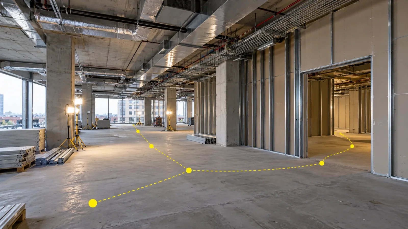 Open-plan office floor during services fit-out under temporary work lights, with a dotted yellow walking route traced across the concrete floor between partitions
