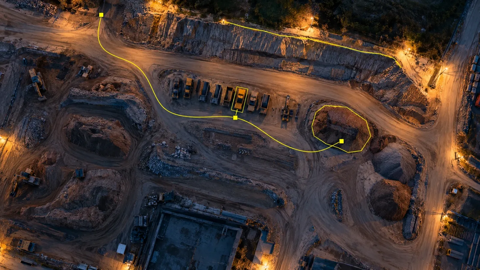 Top-down drone view of an earthworks site at blue hour, with parked machines, stockpiles and a thin yellow path linking three points as if software were stepping through a task