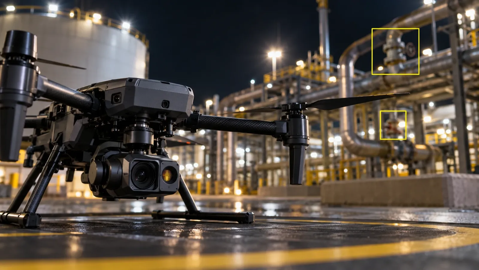 Close-up of an inspection drone with camera and thermal sensor on a landing pad at night, floodlit pipework behind marked with thin yellow detection boxes