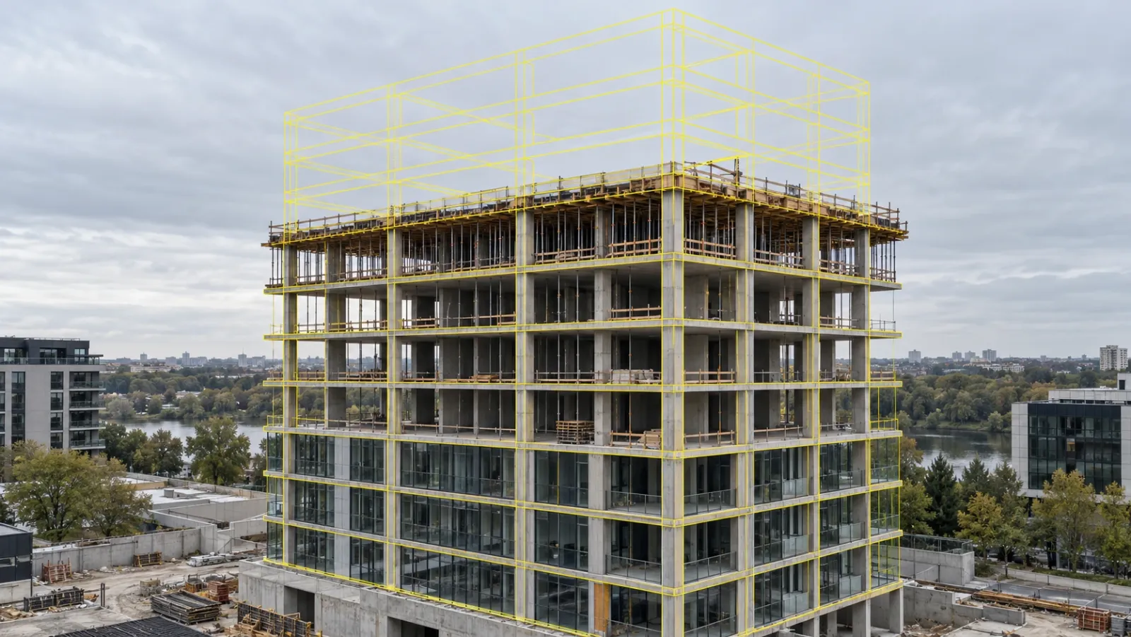Concrete building under construction on an overcast day, with a yellow wireframe of the planned design aligned to the built floors and extending above the top deck