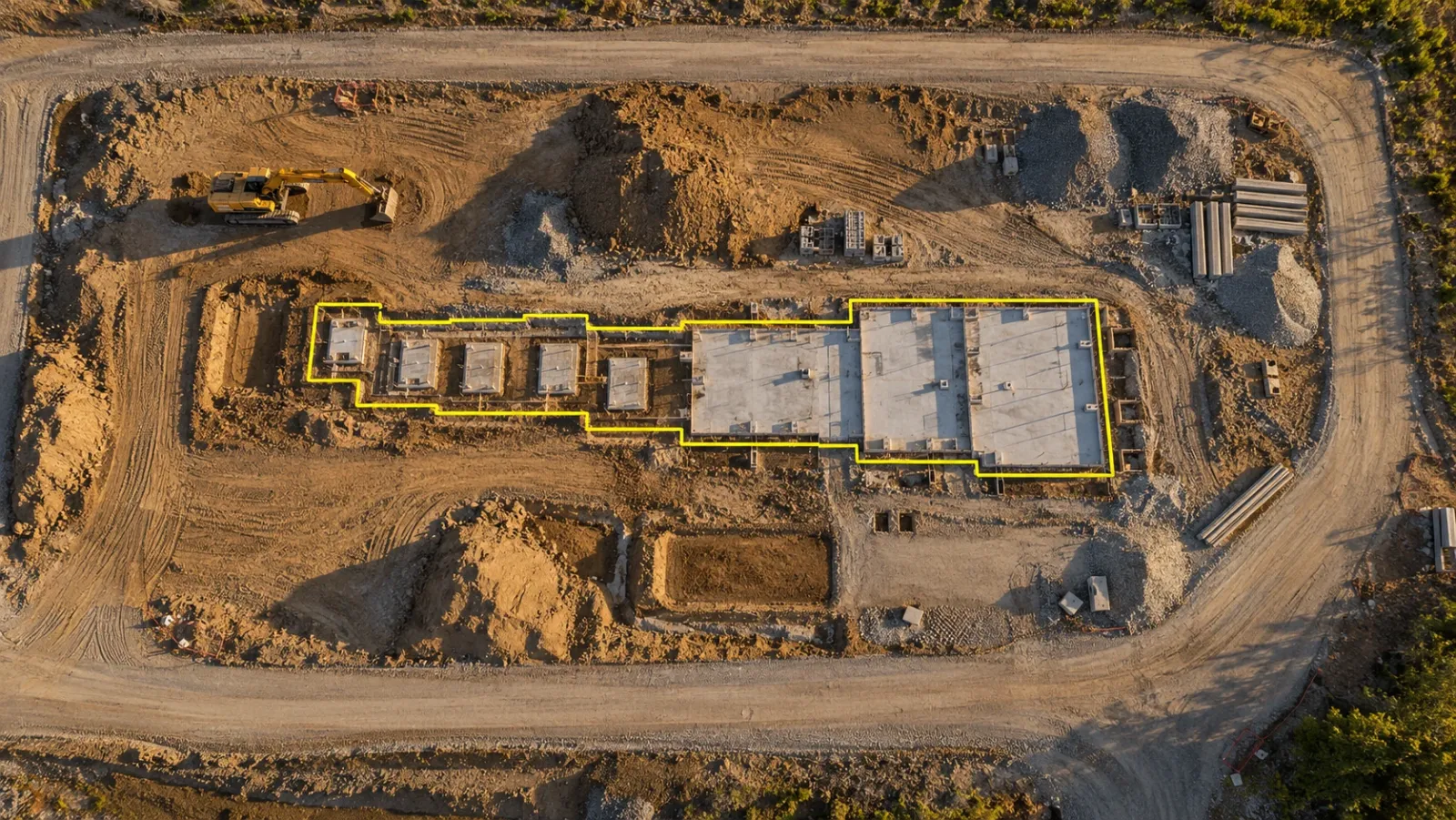 Top-down drone view at golden hour of a site with fresh foundations and graded earthworks, with a thin yellow outline around the area completed since the previous capture