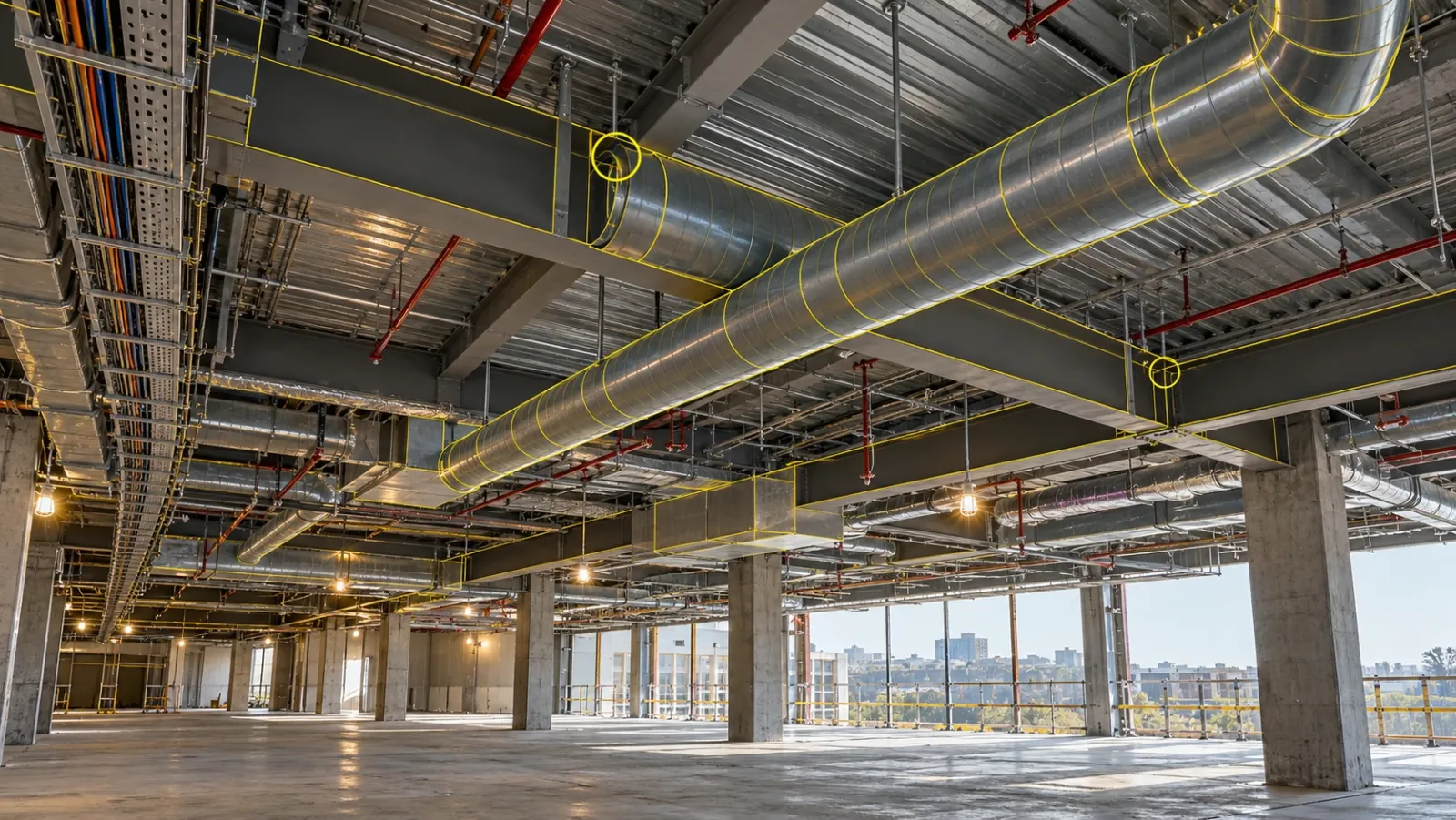 Ceiling void inside a building under construction with ducts, pipes and beams traced in a yellow wireframe and circles marking two clashes