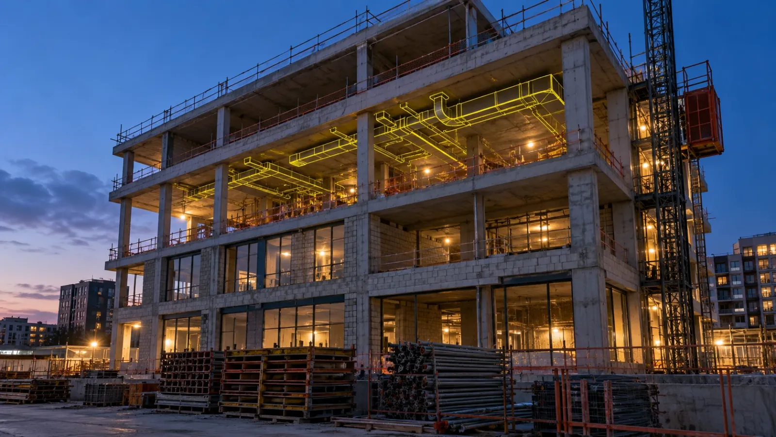 Concrete building frame seen from the ground at blue hour, with yellow outlines of planned ducts and pipe runs drawn inside one open upper floor