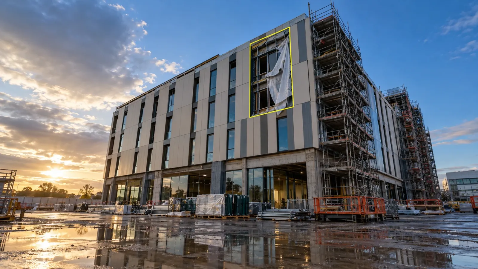 Mid-rise building under construction just after a storm, seen from the wet ground, with one bay of facade cladding missing and a thin yellow rectangle outlining the damaged bay