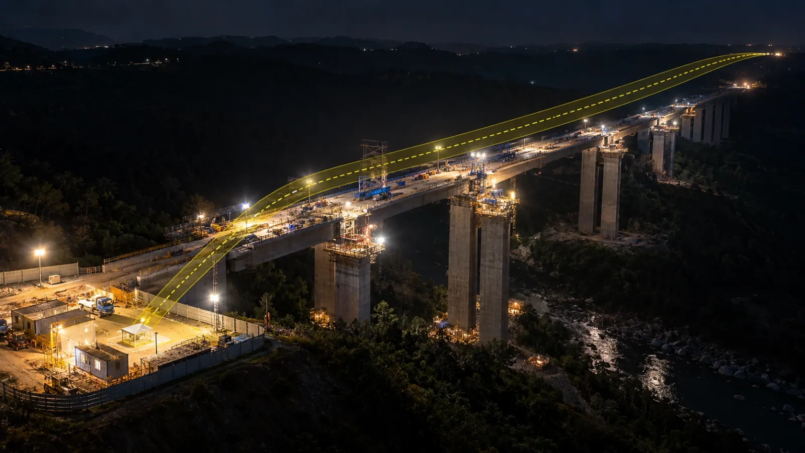 Oblique aerial night view of a long highway viaduct under construction crossing a dark valley, with a yellow dotted flight path running from a floodlit compound far along the deck into the distance