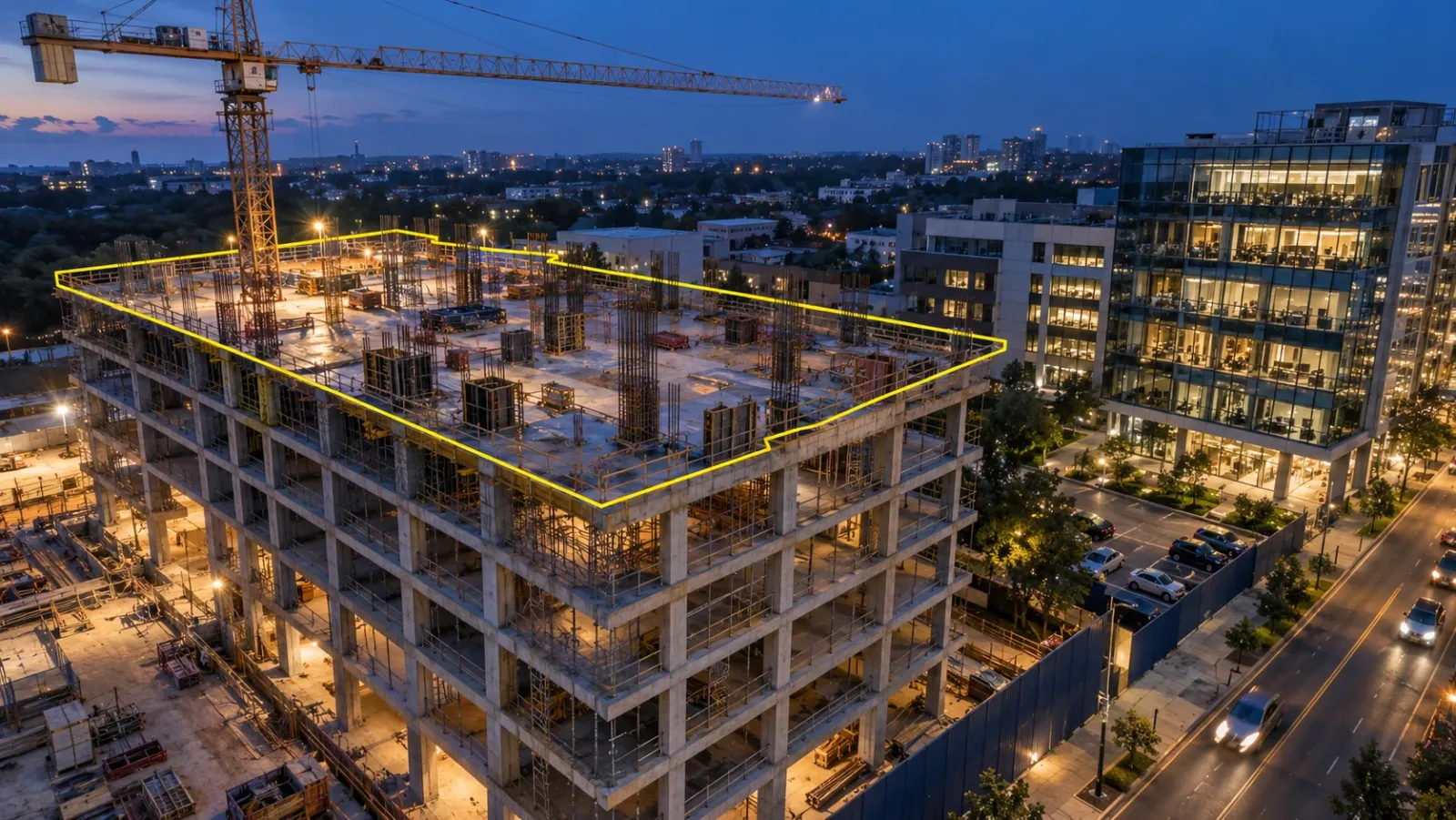 Low aerial view at blue hour of a concrete building frame beside an occupied office block and a busy street, with a thin yellow boundary marking the flight area