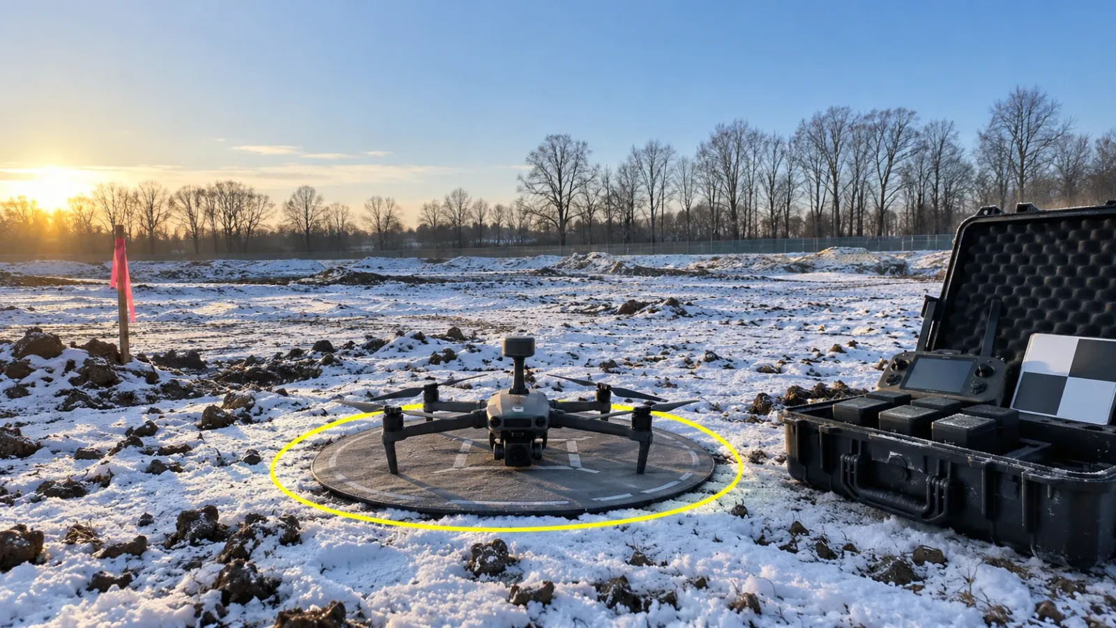 Survey drone resting on a take-off mat beside an open equipment case on a snowy land parcel on a clear winter morning, with a thin yellow ring traced around the take-off area