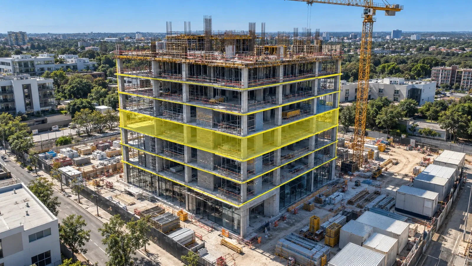High oblique aerial view of a concrete-frame building under construction at midday, with thin yellow outlines dividing its floors into zones passed from one trade to the next