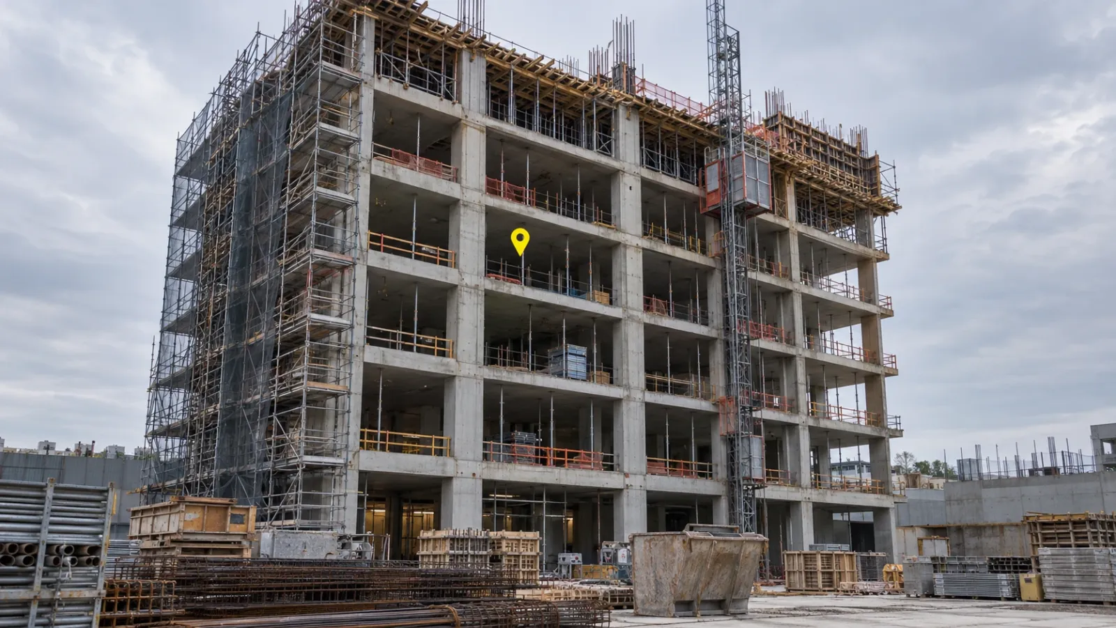 Mid-rise concrete building frame seen from ground level on an overcast day, with formwork on the top floor and one bay marked by a small yellow pin