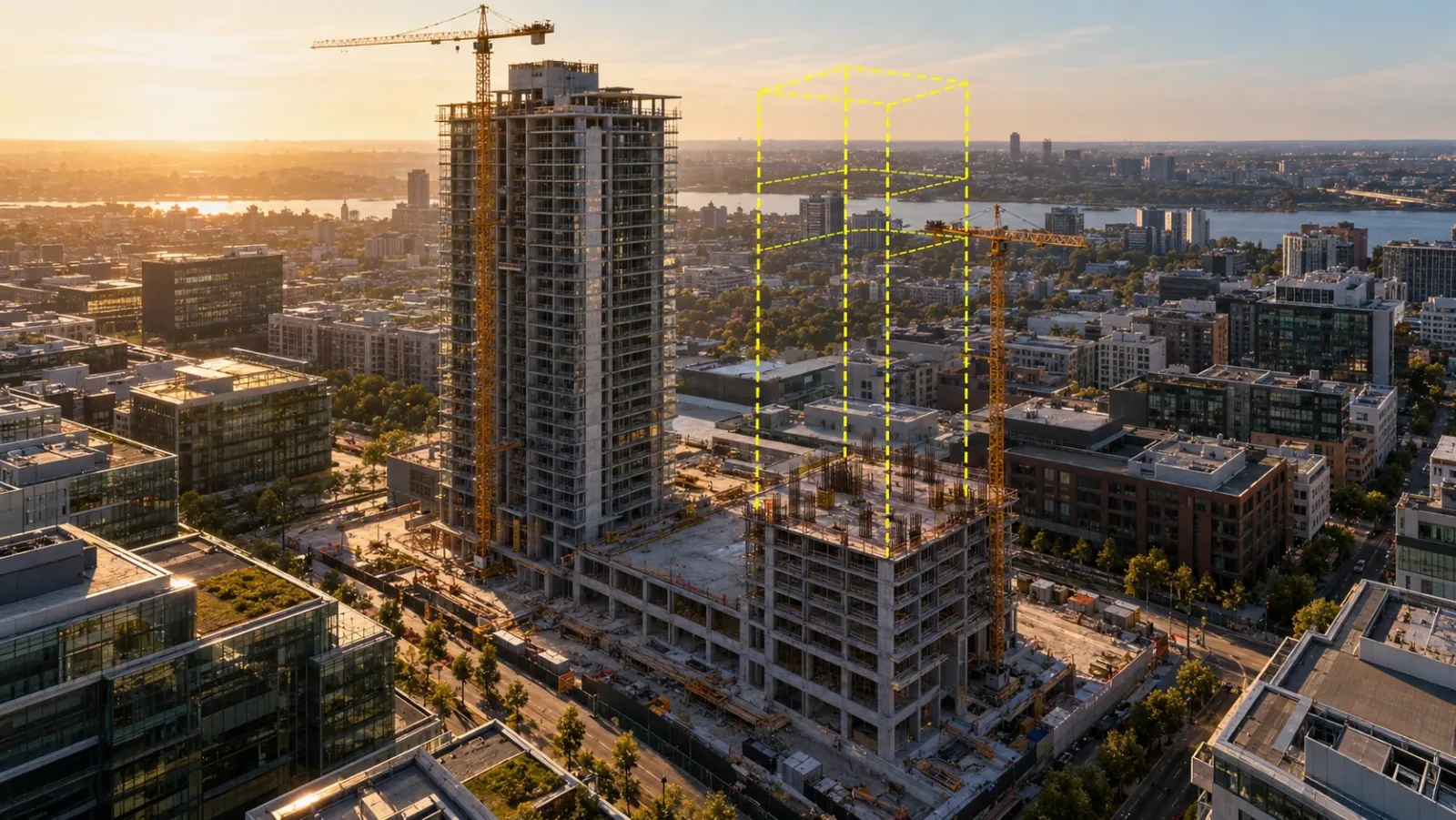 Angled aerial view of a city-centre development at golden hour, one tower topped out and its neighbour stopped at podium level, with a thin yellow dashed outline showing the unfinished tower's planned height