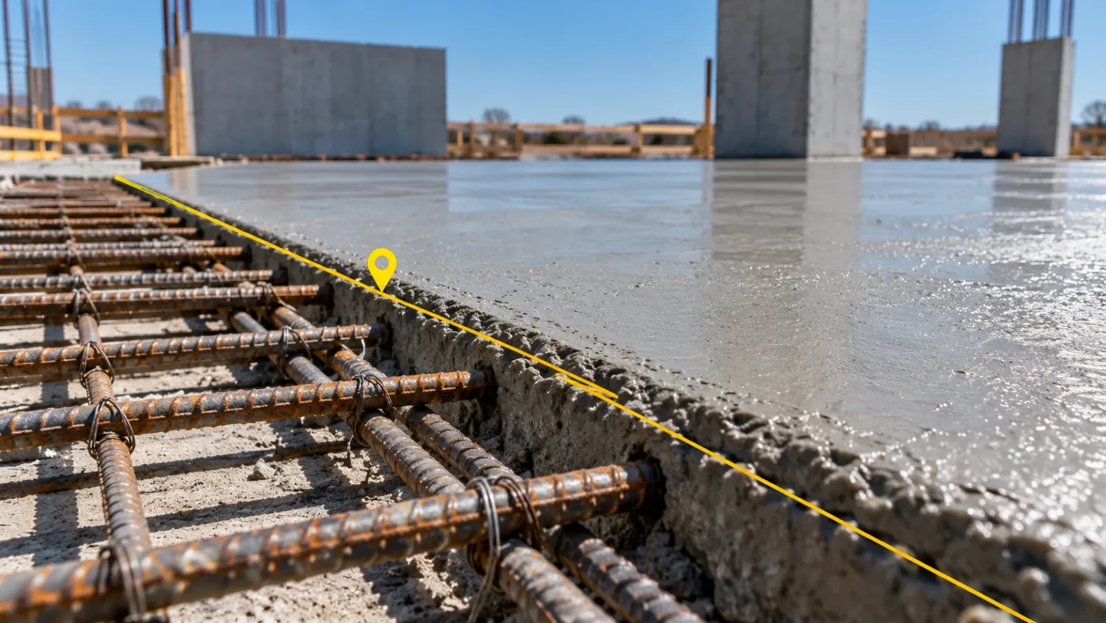 Close-up of a fresh concrete pour meeting exposed rebar, with a thin yellow line along the joint and a single location pin