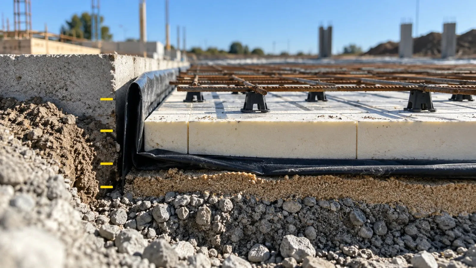 Close-up of a ground-floor slab build-up before the pour, showing hardcore, membrane, insulation and steel mesh in layers, with small yellow ticks beside each layer