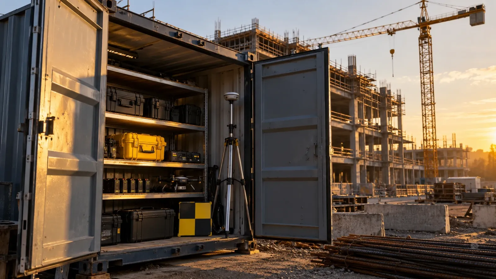 Open site equipment container at golden hour holding drone cases, battery chargers and a survey tripod, with a concrete building frame and tower crane behind