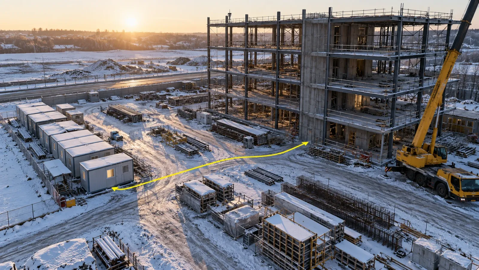Low aerial view of a building frame on a cold winter morning with light snow, site cabins and stacked deliveries, and a thin yellow line tracing the route from the site office to the work face