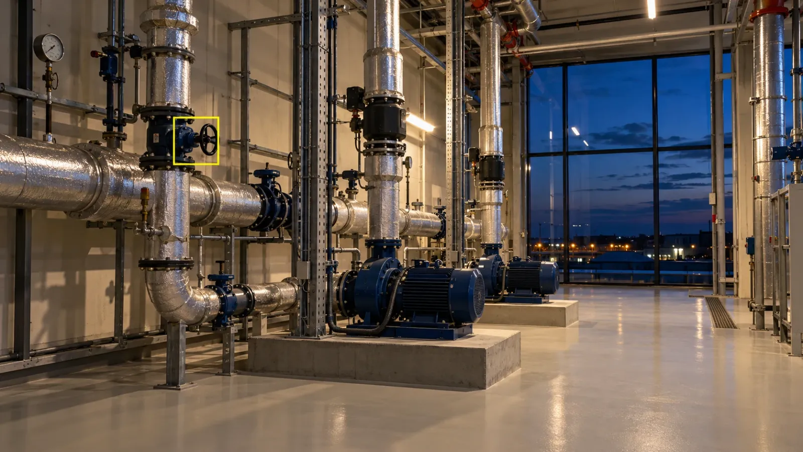 Newly finished plant room at blue hour with insulated pipework, pumps and valves, and a small yellow outline around one isolation valve