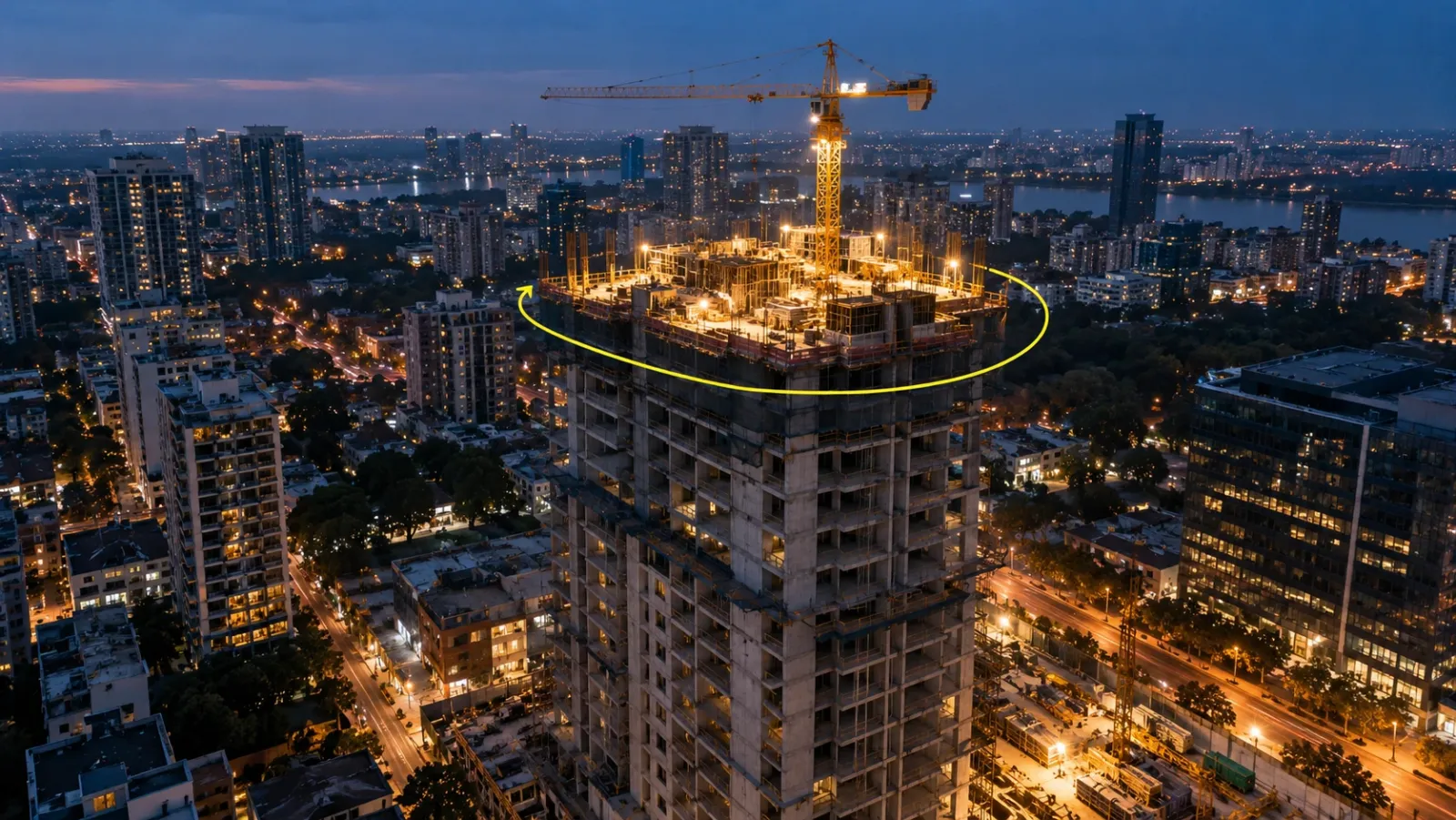 High oblique aerial view at blue hour of a residential tower nearing topping out in a city district, crane and site lights glowing, with a thin yellow curve tracing a planned drone camera path around the tower