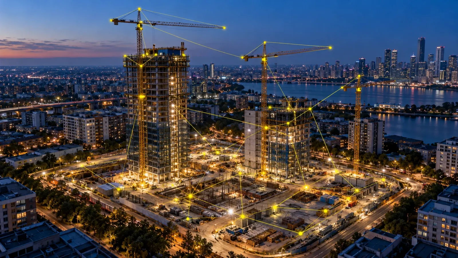 Urban construction site at blue hour with two rising towers and cranes linked by a yellow network of data points