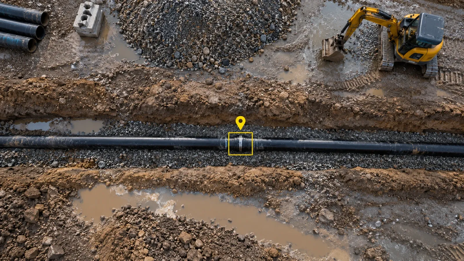 Top-down drone view of a wet utility trench after rain with a newly laid drainage pipe, marked with a small yellow location pin and frame before backfill
