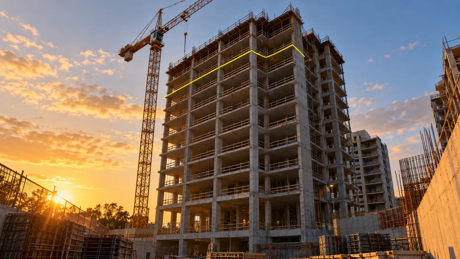 Residential tower under construction seen from the ground at golden hour, with a thin yellow line marking the highest completed floor