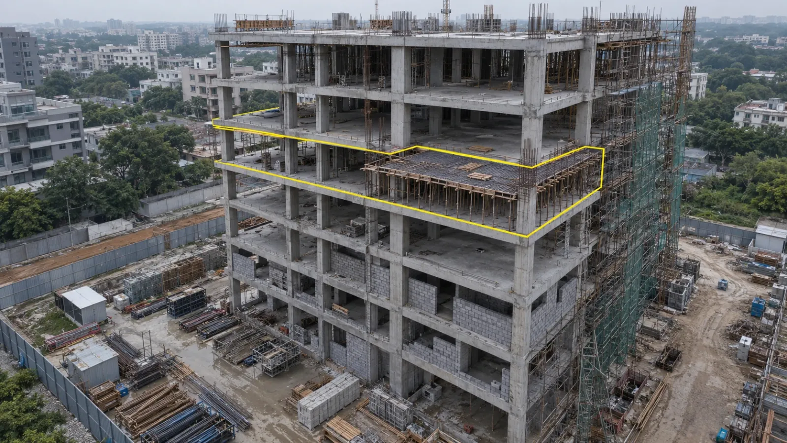 High oblique aerial view of a concrete building frame on an overcast day, with one half-finished floor plate outlined in thin yellow