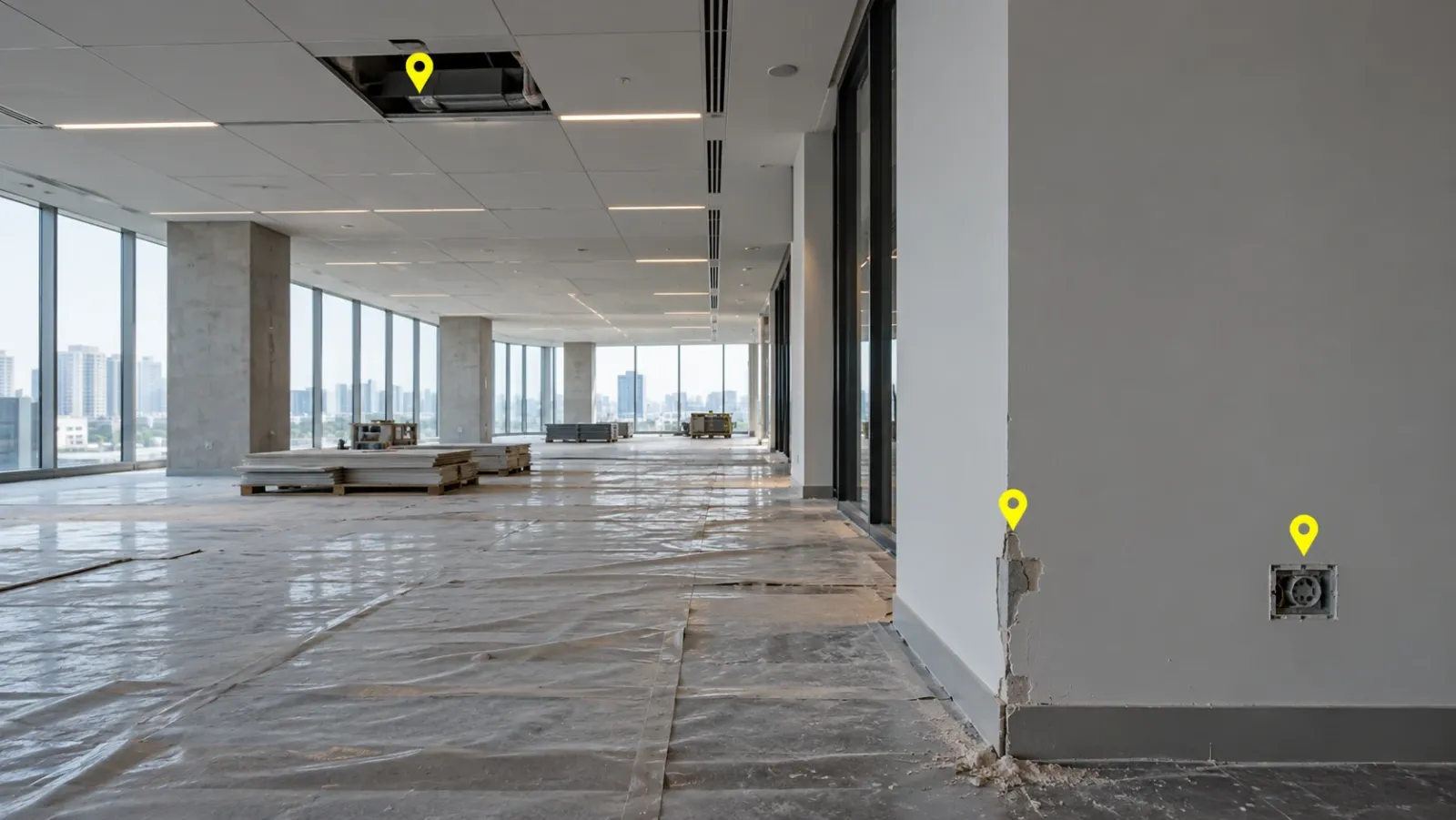 Nearly finished office floor under temporary work lights, with small yellow pins marking a missing ceiling tile, a chipped wall corner and an unfitted socket cover