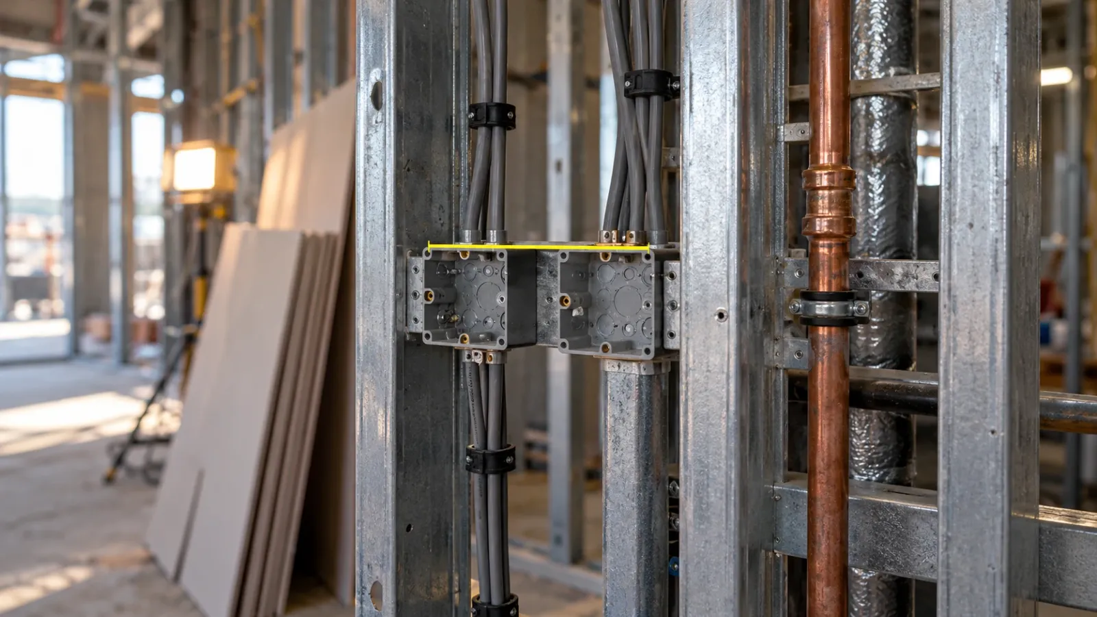Close-up of an open steel stud wall at first fix under work lights, two electrical back boxes and clipped cable runs in view, with a thin yellow line joining the tops of the boxes before the wall is boarded