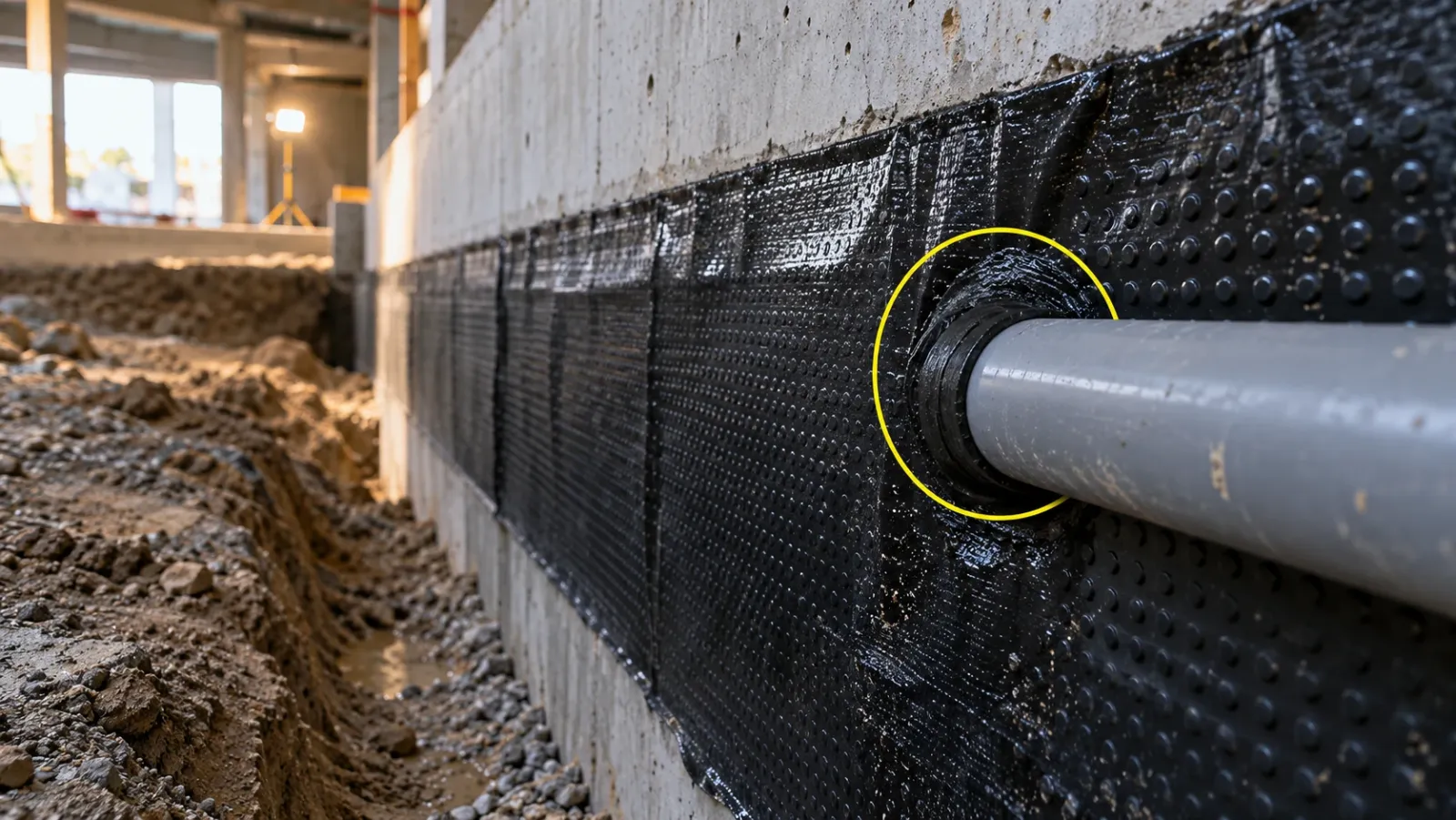Close-up of a waterproofing membrane on a basement wall under work lights, with a thin yellow ring around a pipe penetration waiting to be checked before backfill