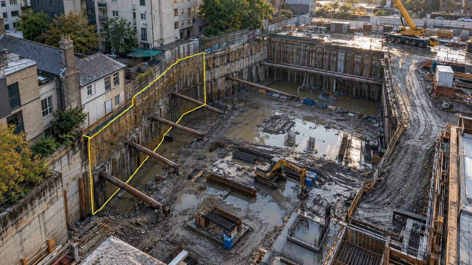 Angled aerial view of a deep basement excavation after rain, with a shoring wall beside neighbouring buildings and a thin yellow outline around the wettest section of wall