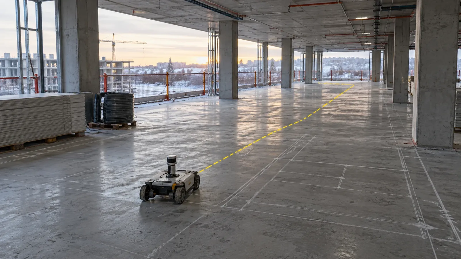 Open concrete floor of a building under construction on a winter morning, a small wheeled layout robot on the slab with a thin yellow line tracing its planned route