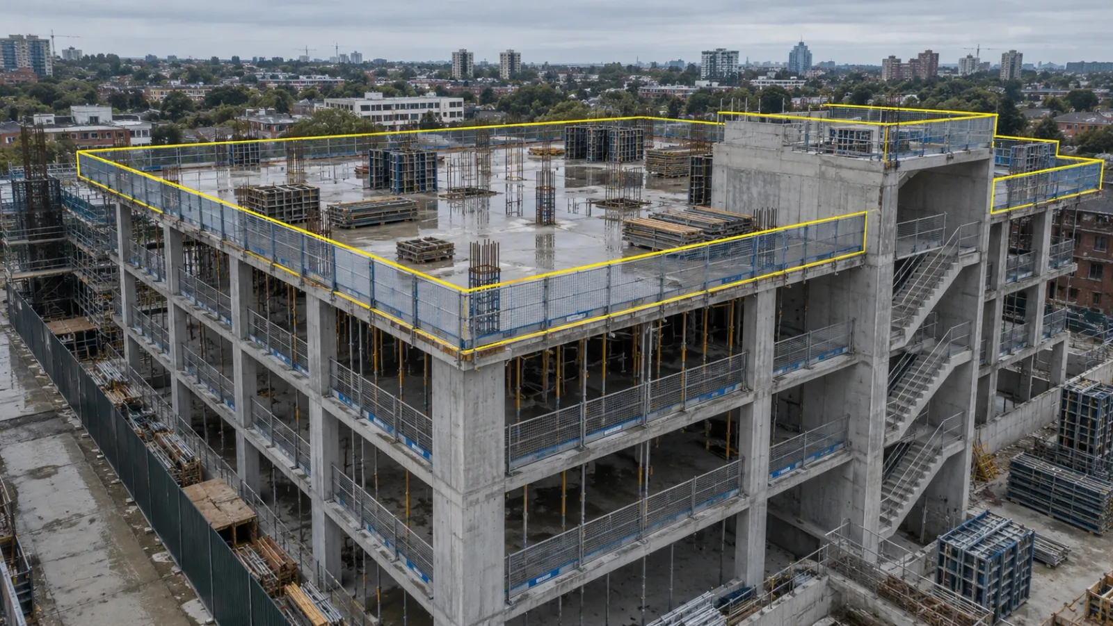 Low aerial view of a concrete building frame under overcast sky, with guardrails along the top slab edge traced by a thin yellow line