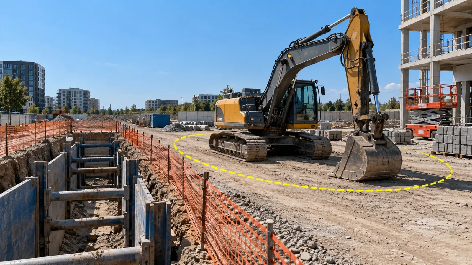 Tracked excavator parked beside a shored trench on a building site at midday, with orange barrier fencing and a thin yellow arc marking the exclusion zone around the machine