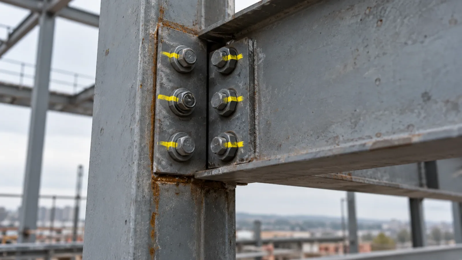 Close-up of a bolted steel beam-to-column connection under overcast light, each tightened nut marked with a short yellow paint stripe
