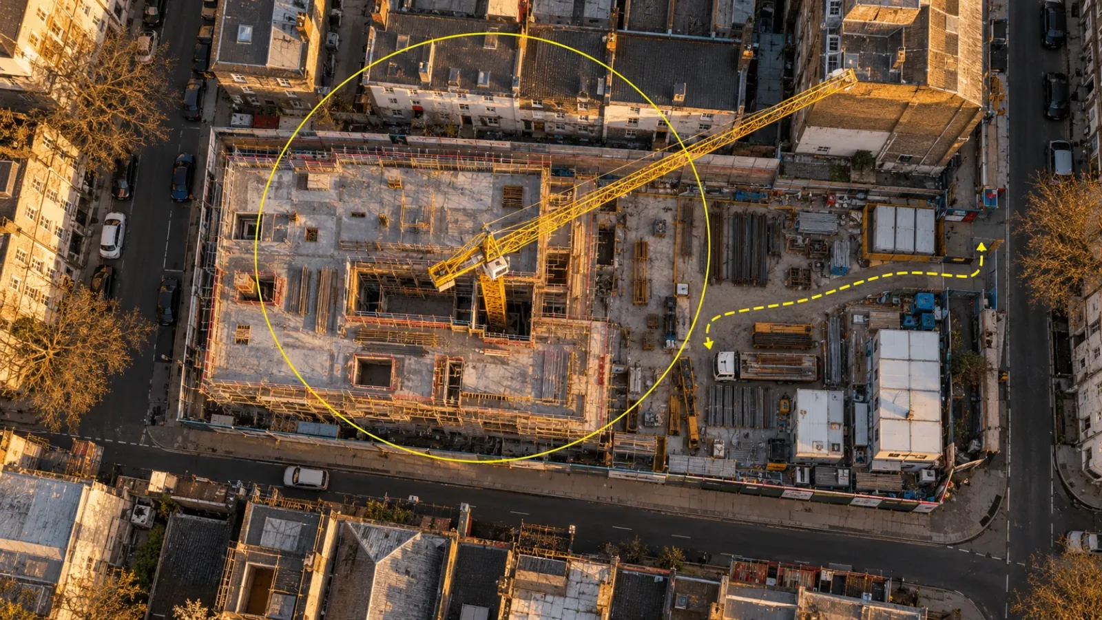Top-down aerial view of a tight city-centre building plot at golden hour, with a yellow circle showing the tower crane's reach and a dashed line marking the delivery route from the street gate to the loading bay