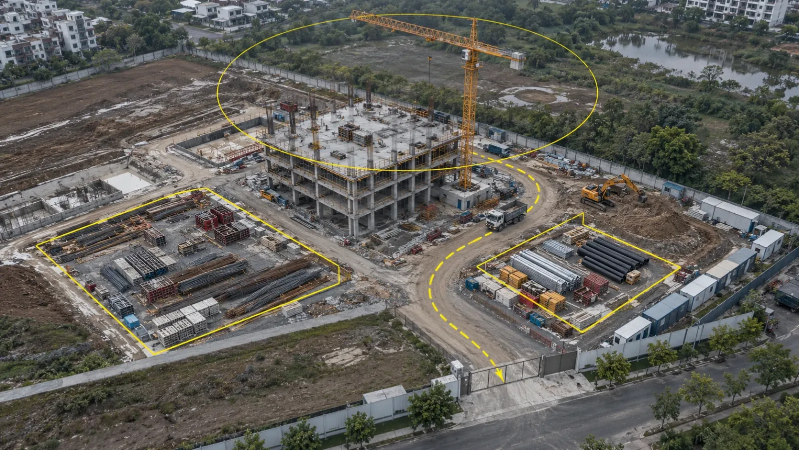 Oblique aerial view of a busy building site under overcast sky, with yellow outlines marking two laydown yards and a dashed line tracing the haul route from the gate