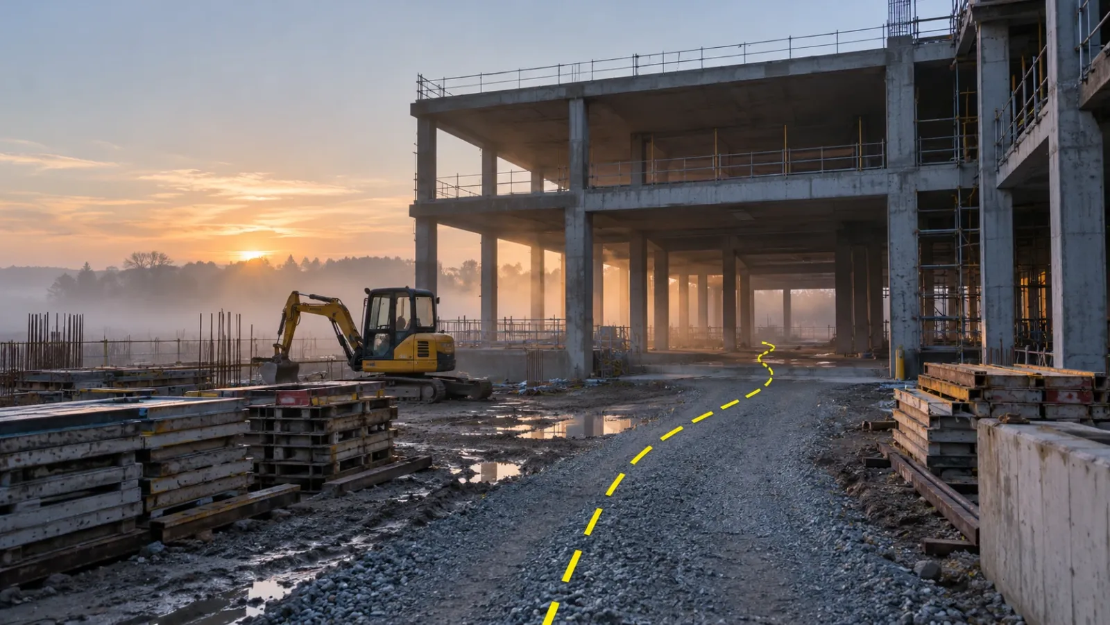 Ground-level view at dawn of a concrete building frame in light mist, with a thin dashed yellow line tracing a walking route along the site path