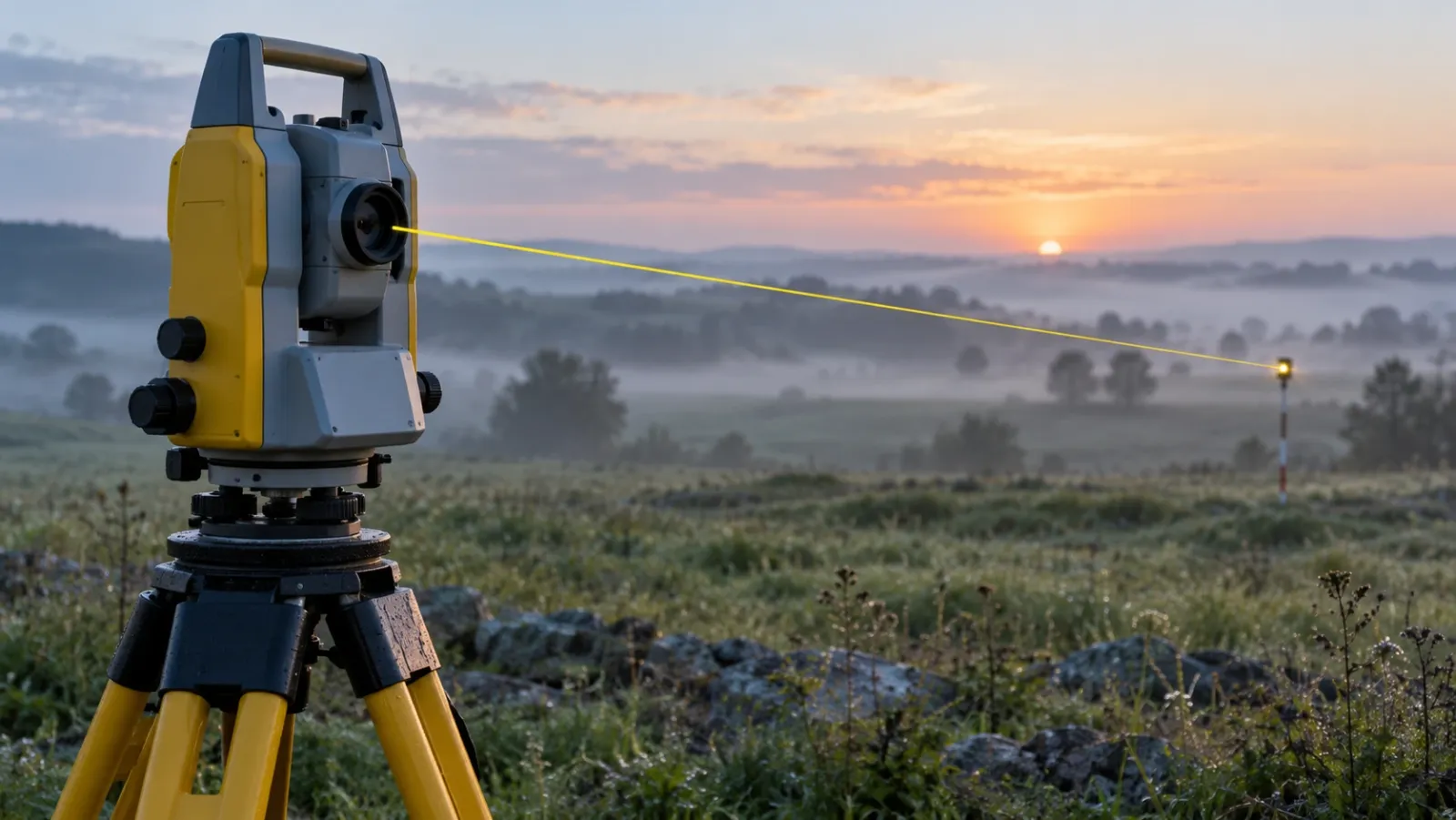 Total station on a tripod in a misty field at dawn, with a thin yellow sight line running to a distant survey prism