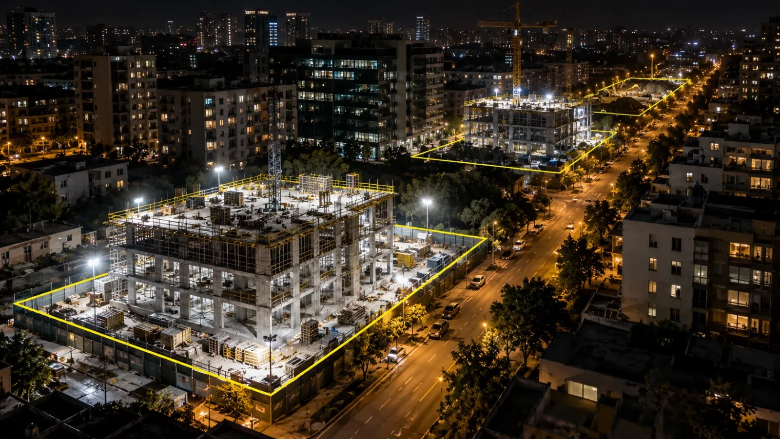 Low aerial night view along a city street with three floodlit construction sites at different stages, each site boundary traced with the same thin yellow outline