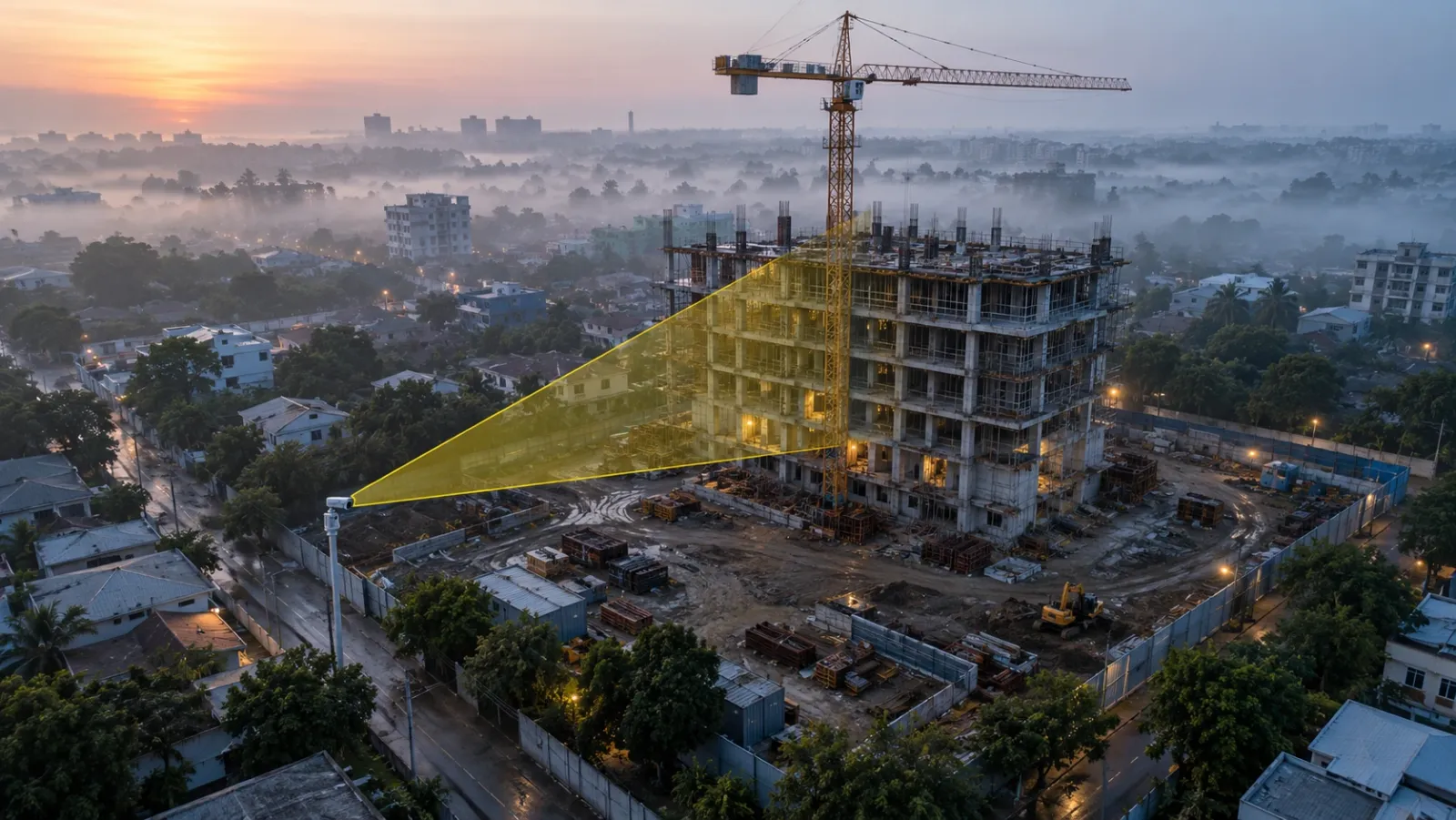 High oblique aerial view at misty dawn of a city-centre construction site with a half-built concrete building and tower crane, and a thin yellow wedge showing the view of a fixed camera on a mast