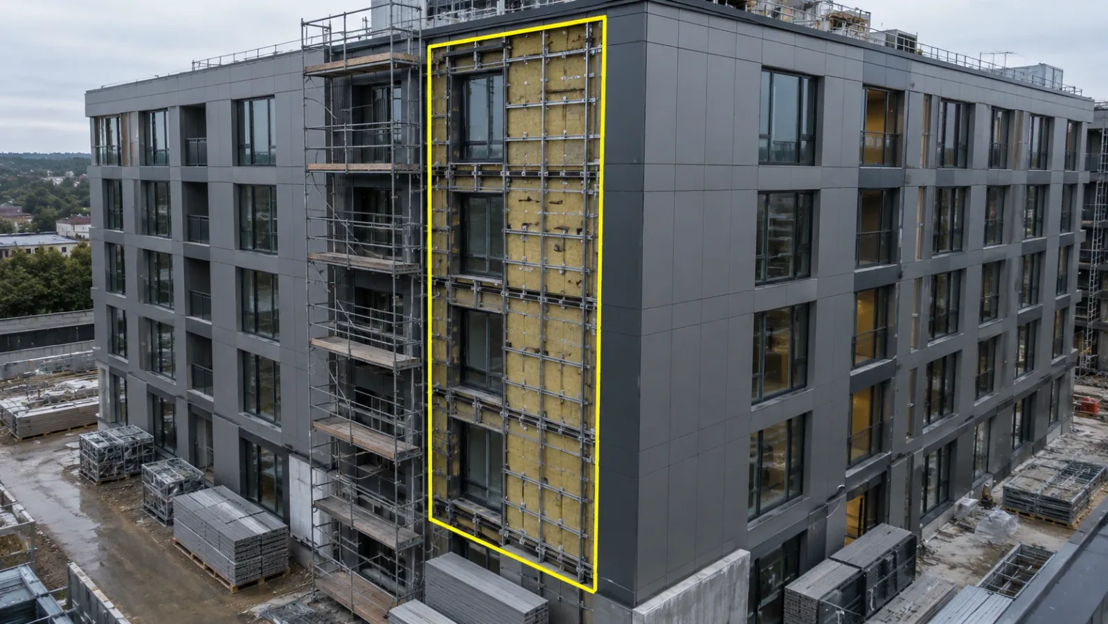 Low aerial view of a nearly clad building on an overcast day, with a yellow outline around one facade bay stripped back to its brackets for rework