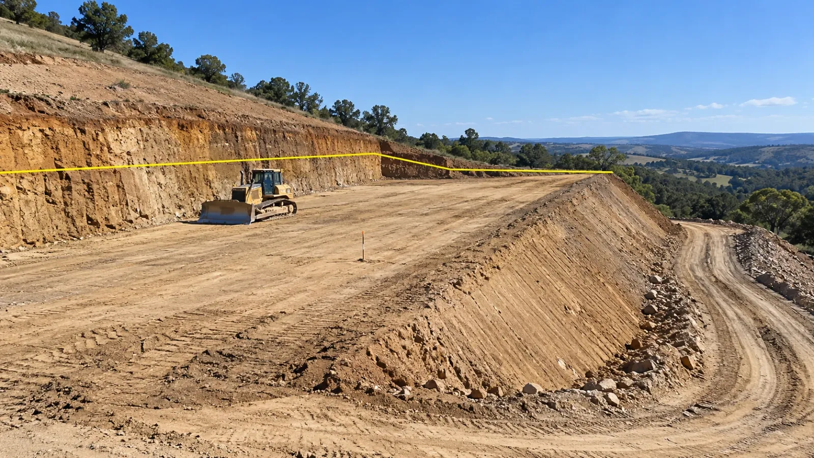 Low aerial view of a building platform being cut into a hillside at midday, with a dozer parked on the bench and a thin yellow line marking the design level along the cut face