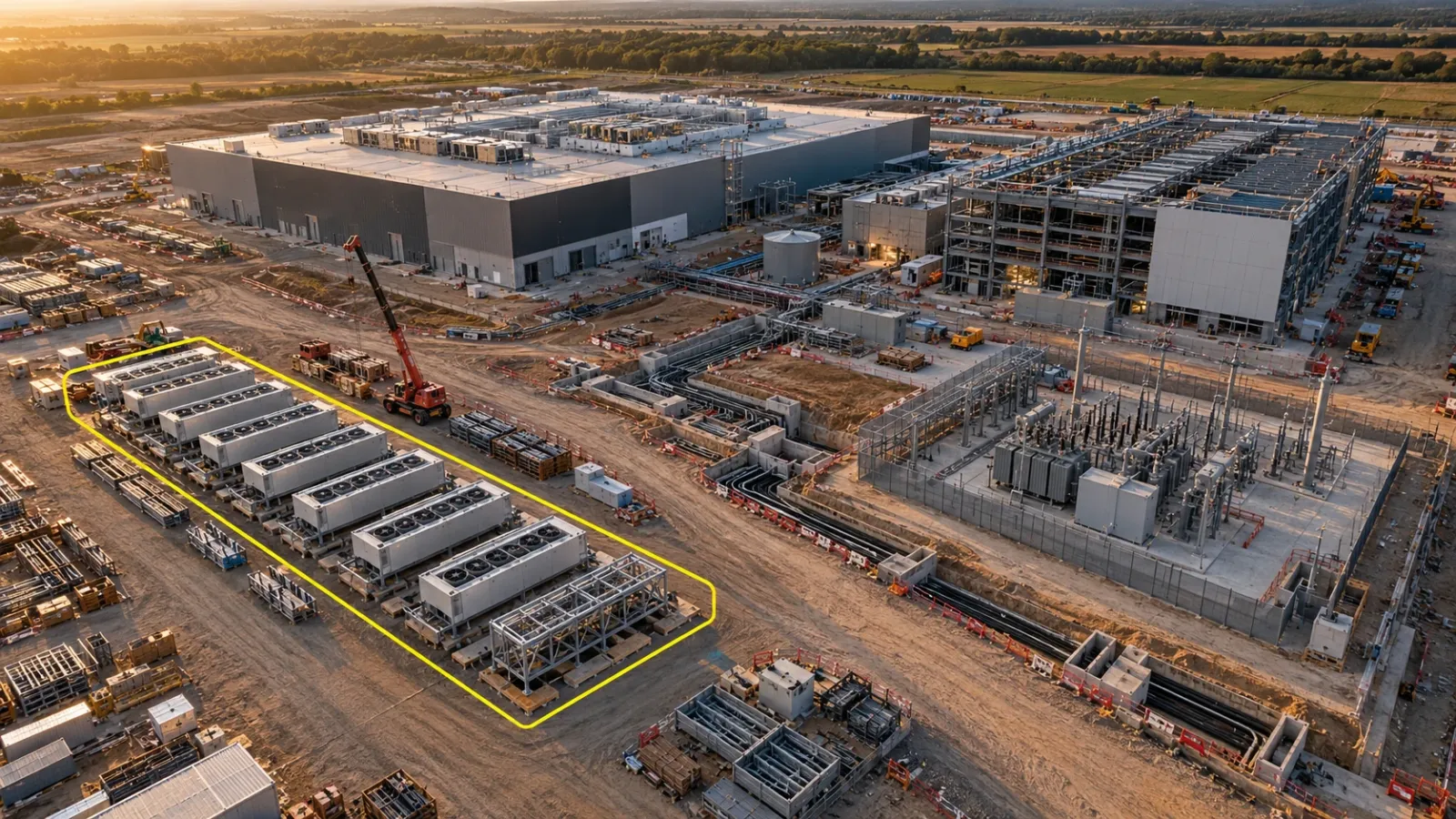 Data centre campus under construction at golden hour seen from a high drone, with a row of factory-built power modules waiting in the yard outlined in yellow