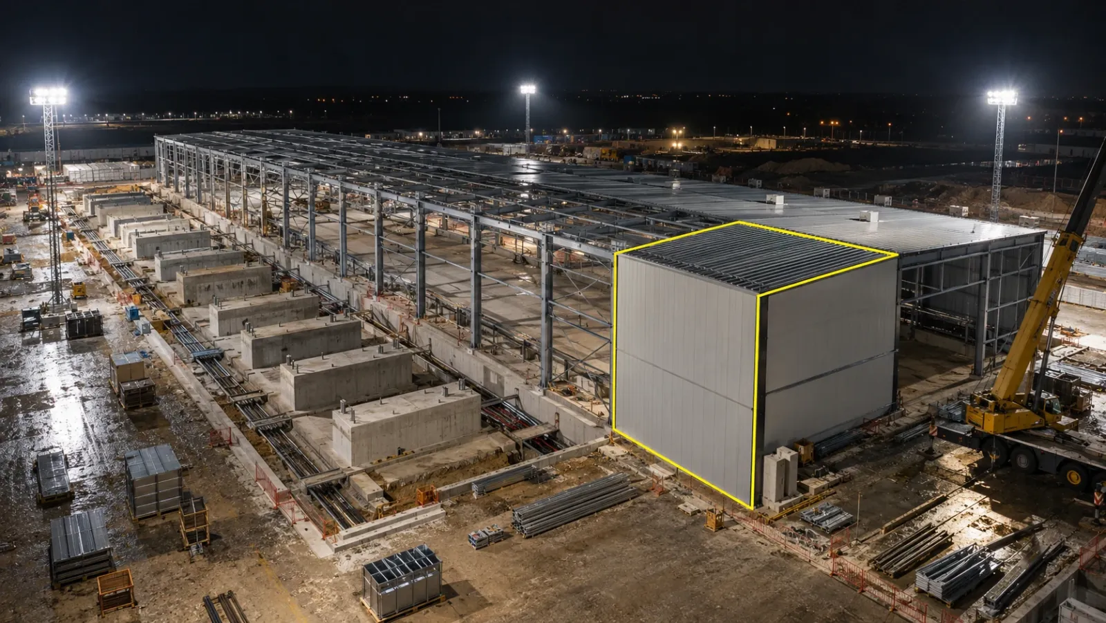 Long, low data centre shell under construction at night, seen from a low drone, with a row of empty generator plinths floodlit beside it and one completed bay outlined in yellow