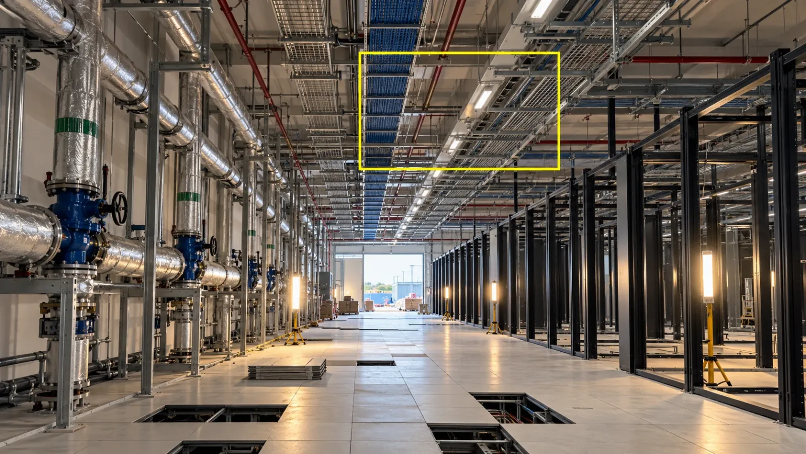 Data hall during services fit-out under temporary work lights, with cable tray and pipework hung above an empty raised floor and one finished bay of overhead services outlined in yellow