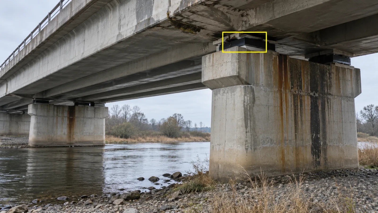 Underside of a multi-span concrete road bridge seen from the riverbank under an overcast sky, with one bearing on top of a pier outlined in yellow