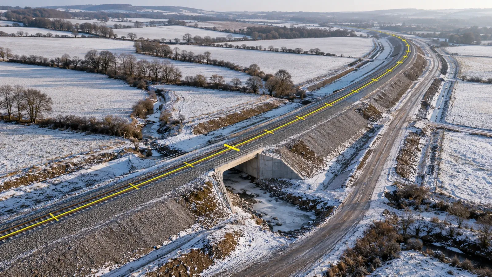 Oblique aerial view of a new railway embankment curving through snowy farmland on a clear winter morning, with yellow tick marks dividing the alignment into equal sections
