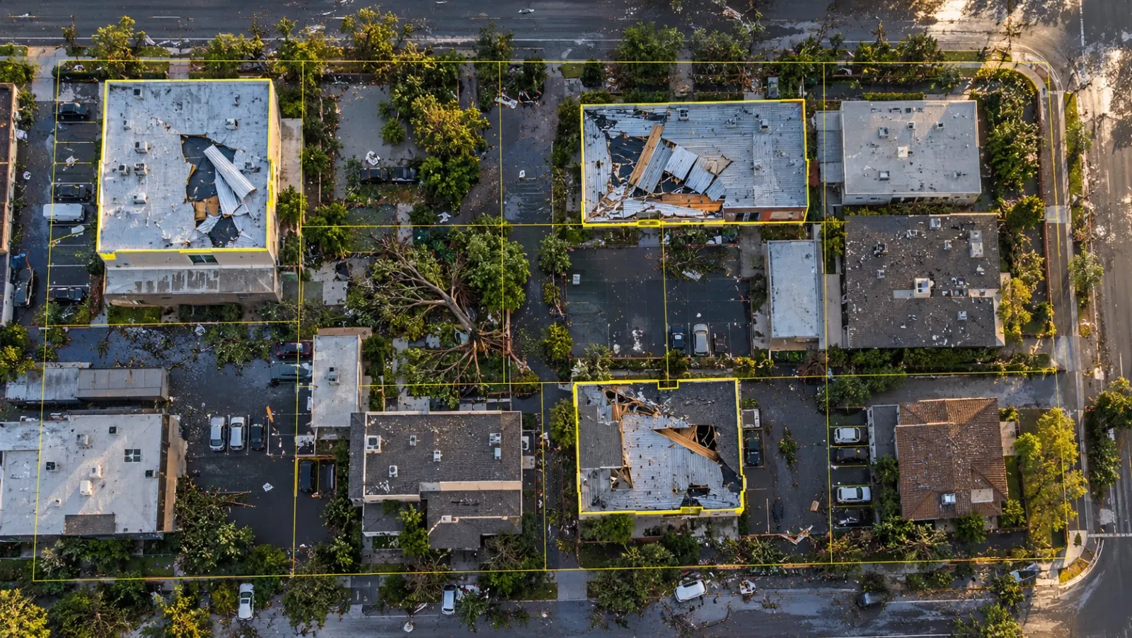 Top-down drone view of a city block just after a storm, wet streets and scattered debris, with thin yellow outlines around the roofs that lost sheeting