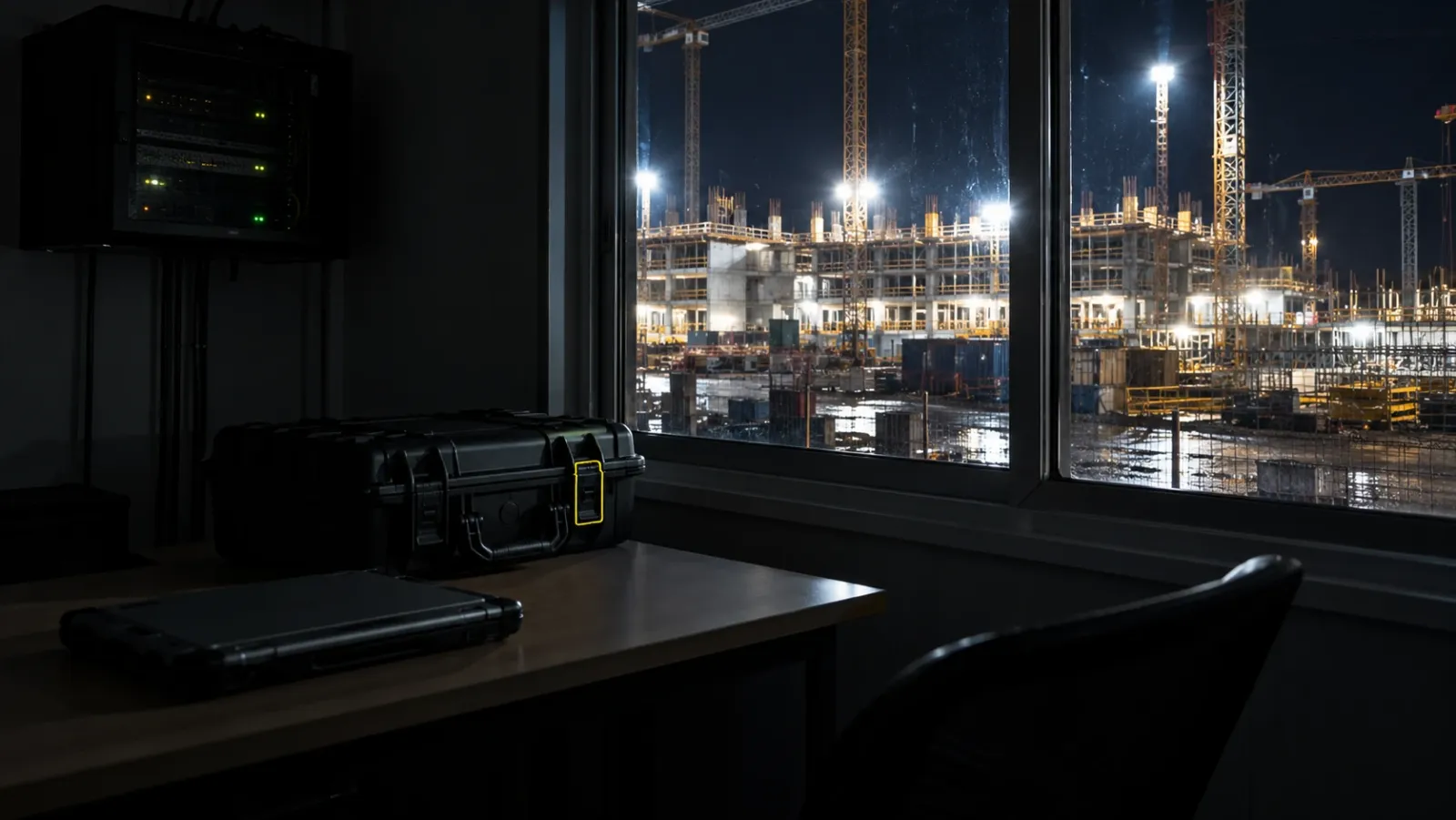 Dark site office at night with a closed rugged laptop, a latched drone case and a small network cabinet, floodlit site visible through the window