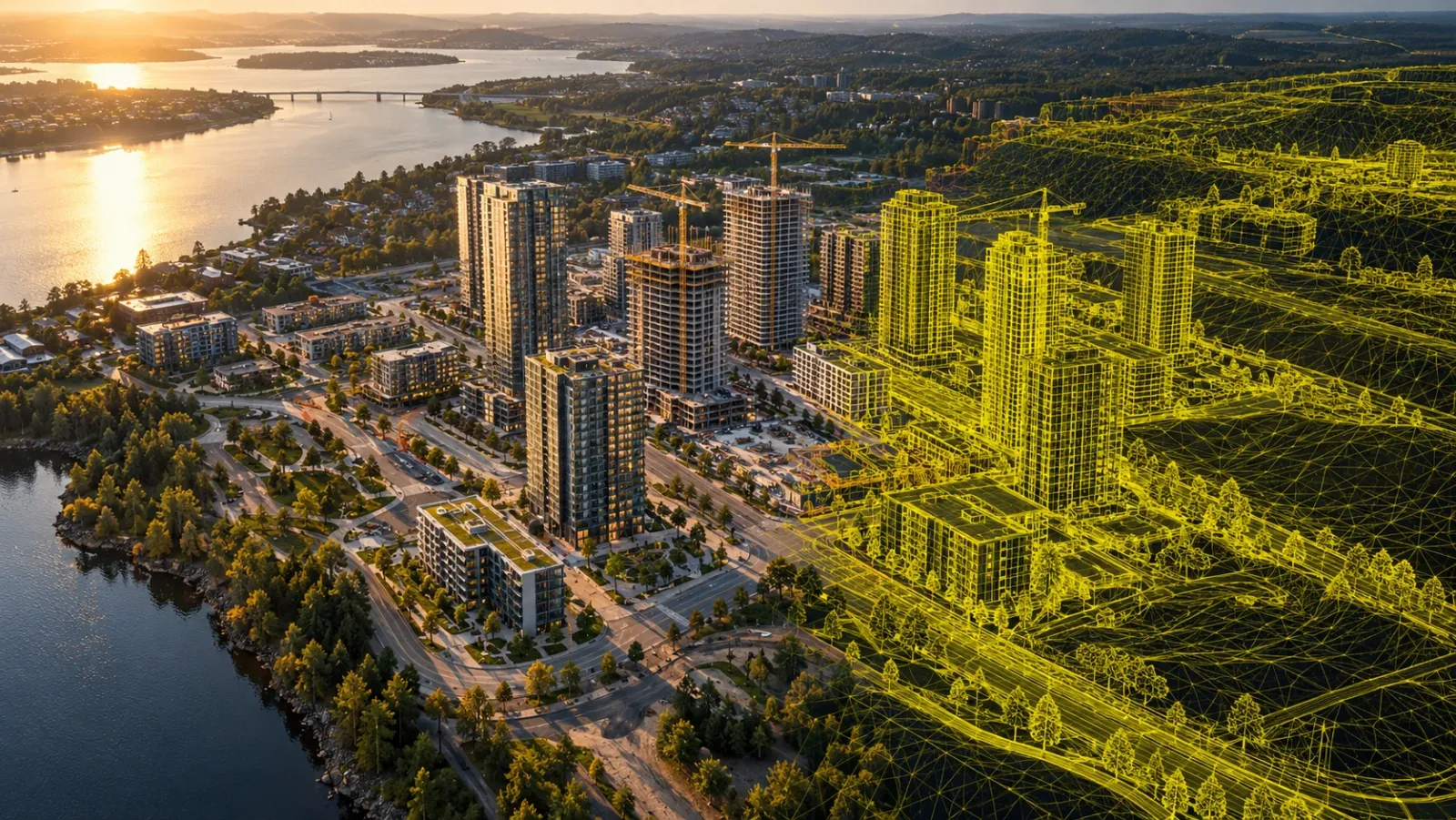 Golden-hour aerial view of a large development, half overlaid with a yellow 3D wireframe digital twin of the same buildings and terrain