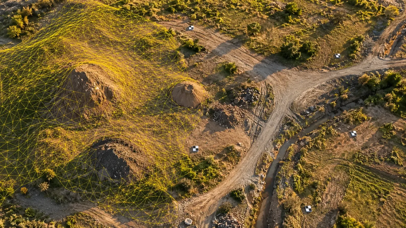 Top-down view of a greenfield parcel at golden hour with soil stockpiles and a thin yellow triangulated surface mesh drawn over half of the ground