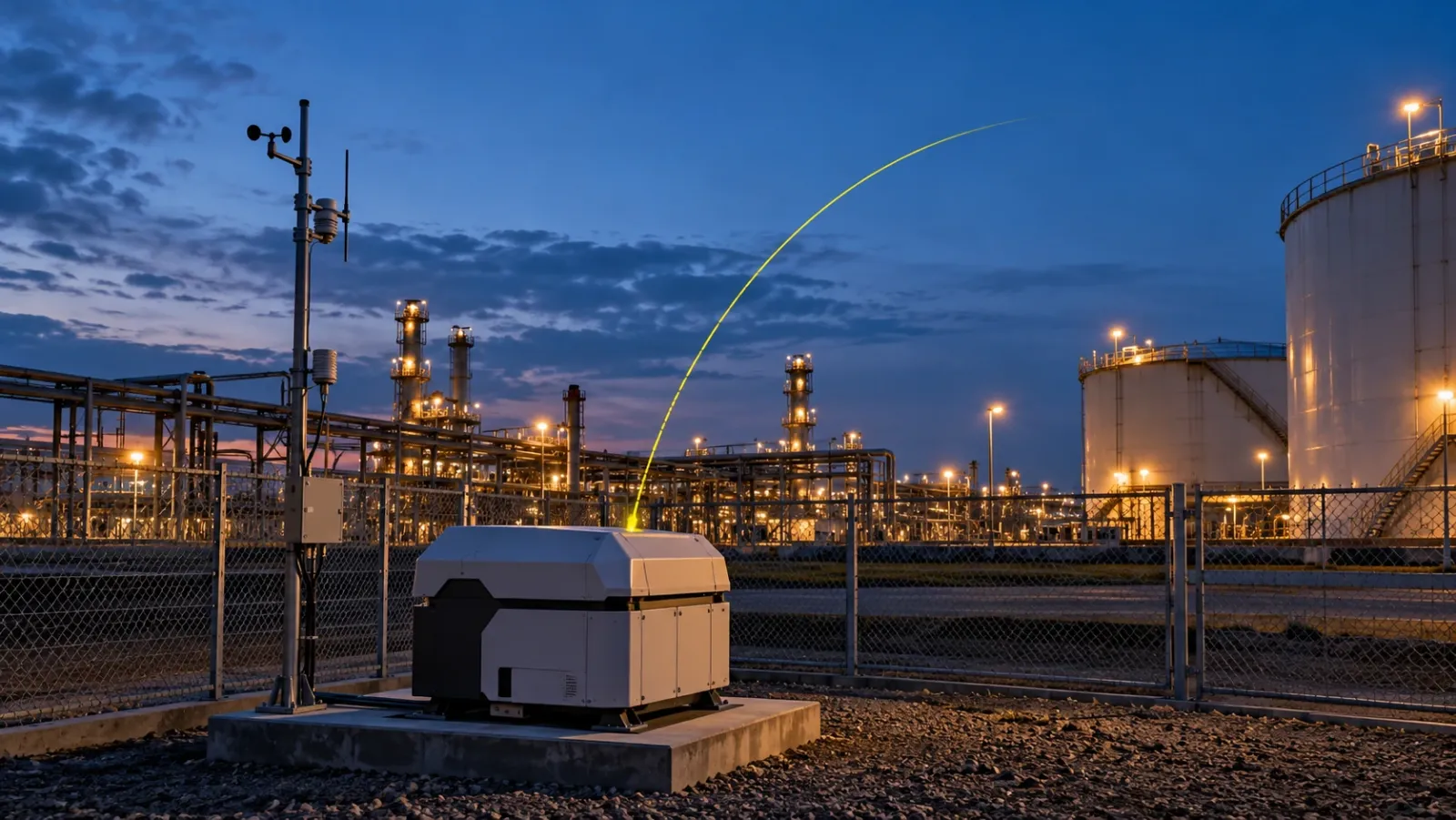 Closed drone docking station on a concrete plinth at the edge of an industrial site at blue hour, with a faint yellow arc rising from the dock